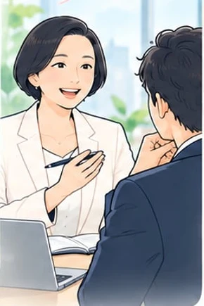 ペンを手に、経営者の話にうなずきながら語りかけるコンサルタント