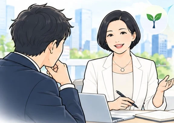 コンサルタントが経営者と向き合い、ノートを取りながら話を聞いている様子